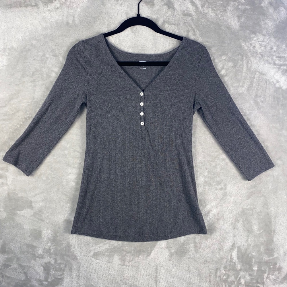 Old Navy Women's Charcoal Gray Ribbed Slim Fit Henley Long Sleeve Top Size‎ S